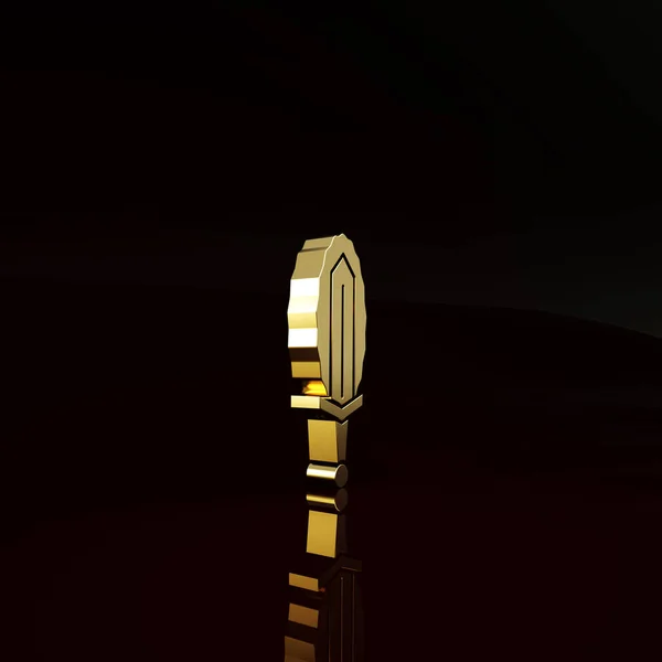 Espada Mágica Ouro Ícone Fogo Isolado Fundo Marrom Espada Ardente — Fotografia de Stock