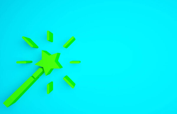 Green Magic wand icon isolated on blue background. Star shape magic accessory. Magical power. Minimalism concept. 3d illustration 3D render.