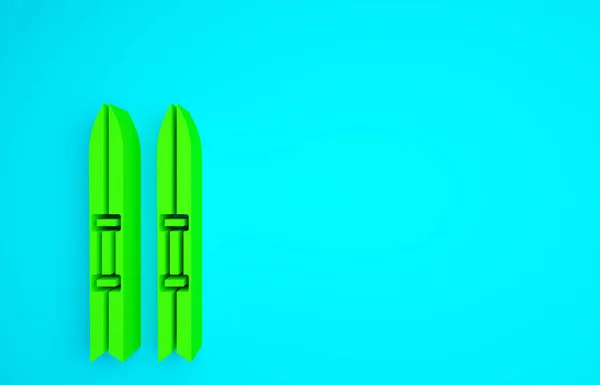 绿色滑雪和木棍图标孤立在蓝色背景 极限运动 滑雪板设备 冬季运动图标 最低纲领的概念 3D渲染3D插图 — 图库照片
