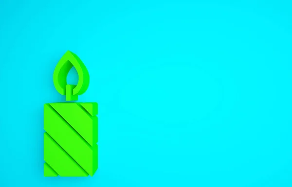 Green Burning Candle Candlestick Icon Isolated Blue Background Cylindrical Candle — Stock Photo, Image