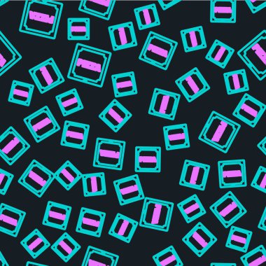 Karton kutu simgesindeki Line Pizza siyah arka planda izole edilmiş kusursuz desen. Düzen elemanlarıyla birlikte kutu. Vektör İllüstrasyonu.