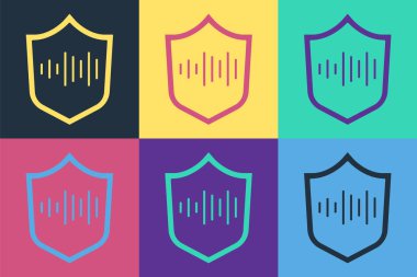 Pop Art Shield ses tanıma simgesi renk arkaplanında izole edildi. Kimlik tanıma için ses biyometrik kimlik doğrulaması. Vektör.