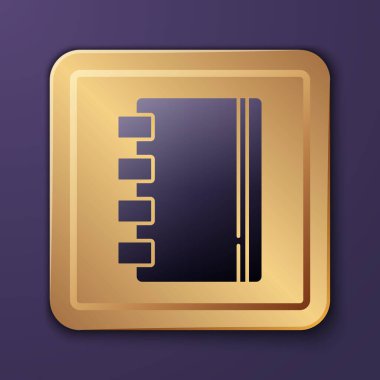 Mor Not Defteri simgesi mor arkaplanda izole edildi. Spiral not defteri simgesi. Okul defteri. Yazı tahtası. Okul günlüğü. Altın kare düğme. Vektör.