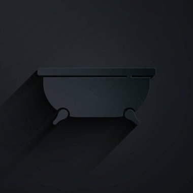 Kağıt kesiği siyah arka planda izole edilmiş Küvet ikonu. Kağıt sanatı tarzı. Vektör.