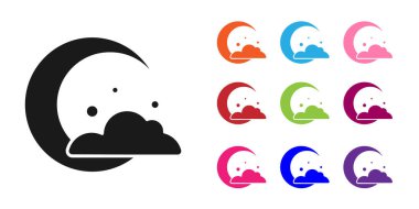 Siyah Ay ve yıldız simgesi beyaz arkaplanda izole edildi. Bulutlu gece işareti. Uyku rüyalarının sembolü. Gece ya da yatak zamanı tabelası. Simgeleri renklendirin. Vektör.