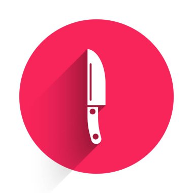 Beyaz Bıçak simgesi uzun gölgeli izole edilmiş. Çatal bıçak sembolü. Kırmızı daire düğmesi. Vektör.