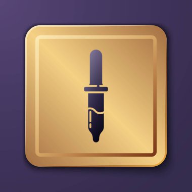 Mor Pipette simgesi mor arkaplanda izole edilmiş. Tıbbi, kozmetik, kimya laboratuvarı ekipmanları. Altın kare düğme. Vektör.