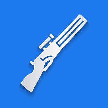 Kağıt kesiği Avcı silahı ikonu mavi arka planda izole edilmiş. Av tüfeği. Kağıt sanatı tarzı. Vektör.