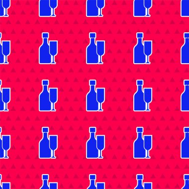 Kırmızı zemin üzerinde cam ikon izole edilmiş mavi şarap şişesi. Vektör.