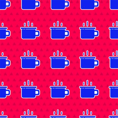 Mavi kahve fincanı ikonu kırmızı arka planda izole edilmiş pürüzsüz desen. Çay fincanı. Sıcak içecek kahvesi. Vektör.