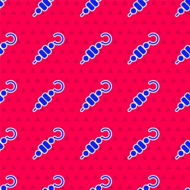 Mavi ızgara şiş kebap şiş ikon kırmızı arka planda izole edilmiş dikişsiz desen. Şiş çubukta et kebabı. Izgara etle piknik. Vektör.