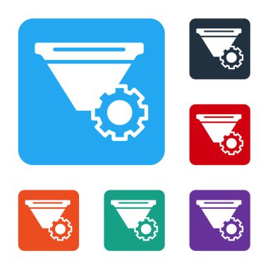 Beyaz filtre ayarı simgesi beyaz arkaplanda izole edildi. Renkli kare düğmelerle simgeleri ayarla. Vektör