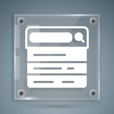 Gri arkaplanda beyaz arama motoru simgesi izole edildi. Kare cam paneller. Vektör