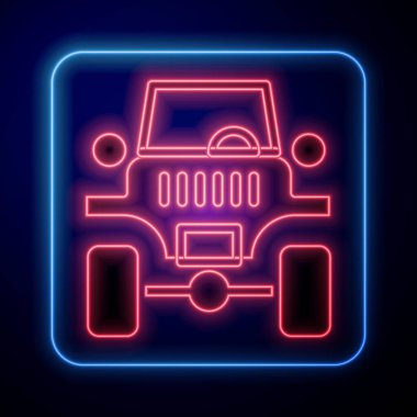 Parlayan neon off road araba ikonu mavi arka planda izole edildi. Cip işareti. Vektör.
