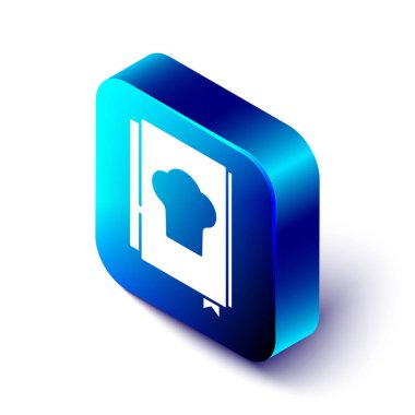 Isometric Yemek Kitabı simgesi beyaz arkaplanda izole edildi. Yemek kitabı ikonu. Yemek tarifi kitabı. Çatal ve bıçak ikonları. Çatal bıçak sembolü. Mavi kare düğme. Vektör.