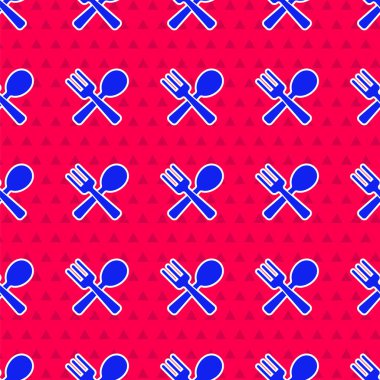 Kırmızı arka planda mavi çatal ve kaşık ikonu izole edilmiş, pürüzsüz desen. Mutfak aletleri. Çatal bıçak seti. Vektör.