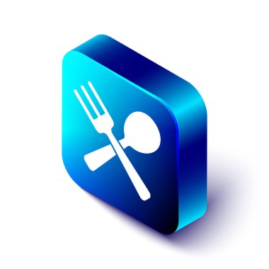 İzometrik çapraz çatal ve kaşık simgesi beyaz arkaplanda izole edilmiş. Mutfak aletleri. Çatal bıçak seti. Mavi kare düğme. Vektör.