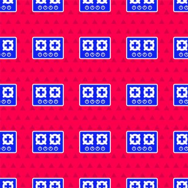 Mavi Gaz soba ikonu kırmızı arkaplanda izole edilmiş pürüzsüz desen. Mutfak tabelaları. Dört daire ocağı olan bir hob. Vektör.