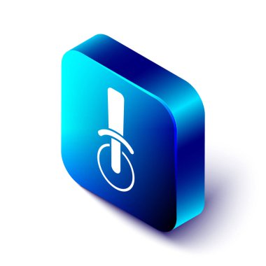 Beyaz arka planda izole edilmiş Isometric Pizza bıçak ikonu. Pizza kesme tabelası. Çelik mutfak gereçleri. Mavi kare düğme. Vektör.