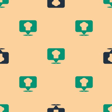 Yeşil ve siyah aşçı şapkası, konum simgesiyle izole edilmiş, bej arka planda pürüzsüz desen. Aşçılık sembolü. Aşçı şapkası. Vektör.