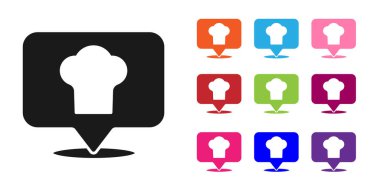 Siyah aşçı şapkası beyaz arka planda izole edilmiş konum simgesine sahip. Aşçılık sembolü. Aşçı şapkası. Simgeleri renklendirin. Vektör.