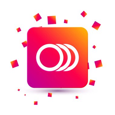 Beyaz arka planda beyaz tabak simgesi izole edildi. Çatal bıçak sembolü. Restoran tabelası. Kare renk düğmesi. Vektör.