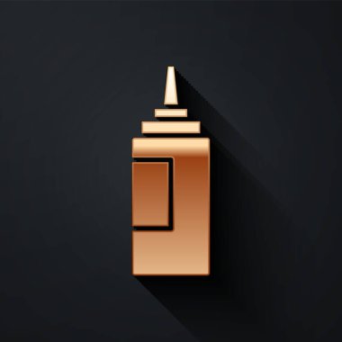 Siyah arka planda izole edilmiş altın sos şişesi ikonu. Ketçap, hardal ve fast food için soslu mayonez şişeleri. Uzun gölge tarzı. Vektör.