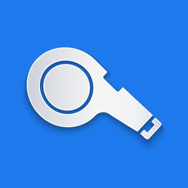 Kağıt kesiği. Mavi arkaplanda Whistle simgesi izole edildi. Hakem sembolü. Spor ve spor burcu. Kağıt sanatı tarzı. Vektör.