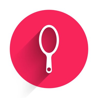 Beyaz El ayna ikonu uzun gölgeli izole edilmiş. Kırmızı daire düğmesi. Vektör.