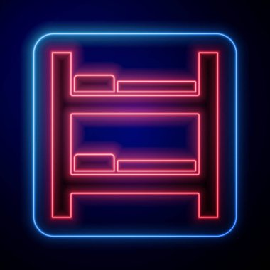 Parlayan neon otel odası ikonu mavi arka planda izole edildi. Vektör.