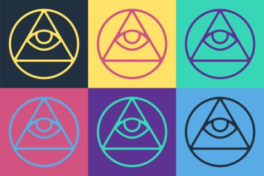 Pop Sanat Masonları Tanrı 'nın Her Şeyi Gören Gözü sembolü. Renkli arka planda izole edilmiş. Üçgendeki Tanrı 'nın Gözü. Vektör.