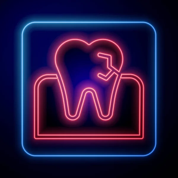 Zářící Neonový Zub Ikonou Caries Izolované Modrém Pozadí Zubní Kaz — Stockový vektor