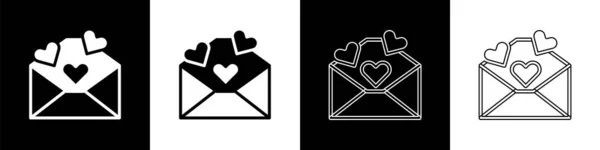 Set Umschlag Mit Valentinsherz Symbol Isoliert Auf Schwarzem Und Weißem — Stockvektor