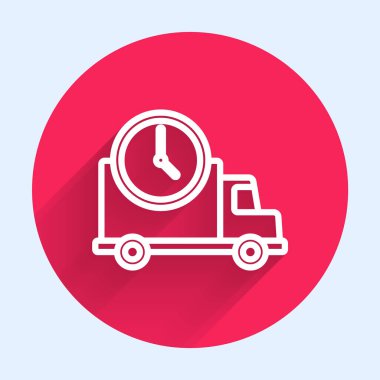 Lojistik kamyonu ve saat simgesi uzun gölgeli. Teslimat zamanı ikonu. Kırmızı daire düğmesi. Vektör İllüstrasyonu.