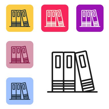 Beyaz arkaplanda siyah çizgi ofis dosyaları ve belge simgesi izole edildi. Ofis dosyaları. Dosya arşivleme işareti. Renkli kare düğmelerle simgeleri ayarla. Vektör.