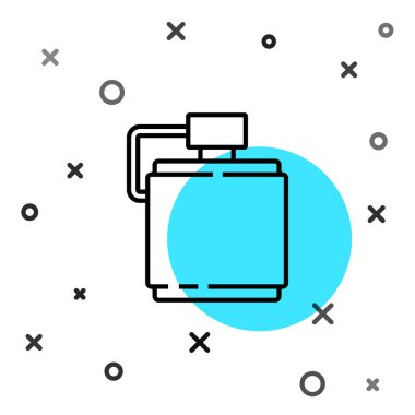 Siyah çizgi kantin su şişesi simgesi beyaz arkaplanda izole edilmiş. Turist matarası ikonu. Kampanyada bir kavanoz su kullanıldı. Rastgele dinamik şekiller. Vektör.