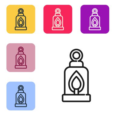 Siyah çizgi kamp feneri ikonu beyaz arkaplanda izole edildi. Mutlu Cadılar Bayramı Partisi. Renkli kare düğmelerle simgeleri ayarla. Vektör.