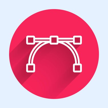 Beyaz çizgi Bezier eğrisi simgesi uzun gölgeli izole edilmiş. Kalem aracı simgesi. Kırmızı daire düğmesi. Vektör.