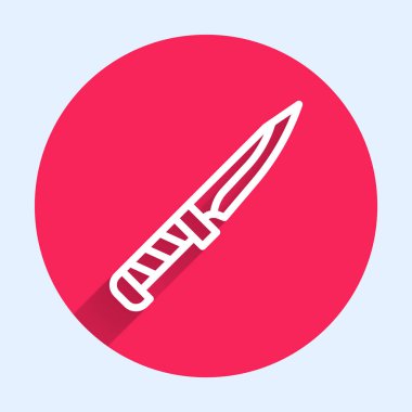 Uzun gölgeli beyaz çizgi askeri bıçak ikonu. Kırmızı daire düğmesi. Vektör.