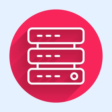 Beyaz çizgi sunucusu, Data, Web sunucu simgesi uzun gölge arkaplanı ile izole edildi. Kırmızı daire düğmesi. Vektör