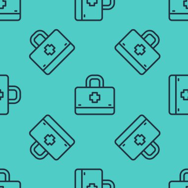 Siyah çizgi ilk yardım çantasının simgesi yeşil arkaplandaki pürüzsüz deseni izole etti. Haçlı sağlık kutusu. Acil durumlar için tıbbi ekipman. Sağlık sigortası konsepti. Vektör.