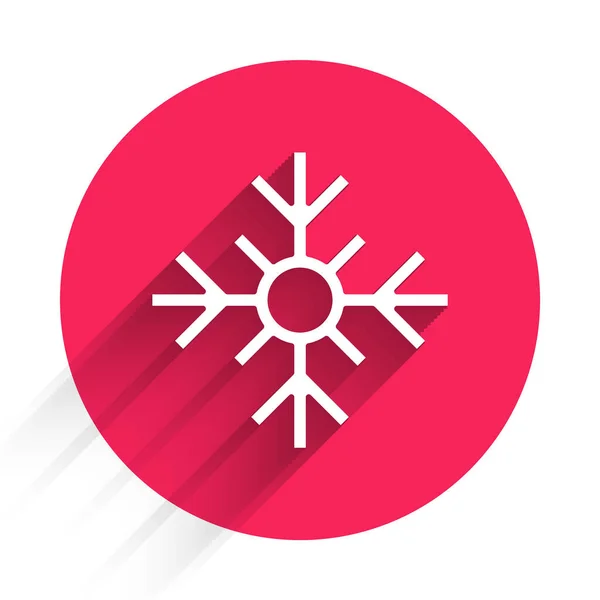 White Snowflake icon isolated with long shadow. Merry Christmas and Happy New Year. Red circle button. Vector.