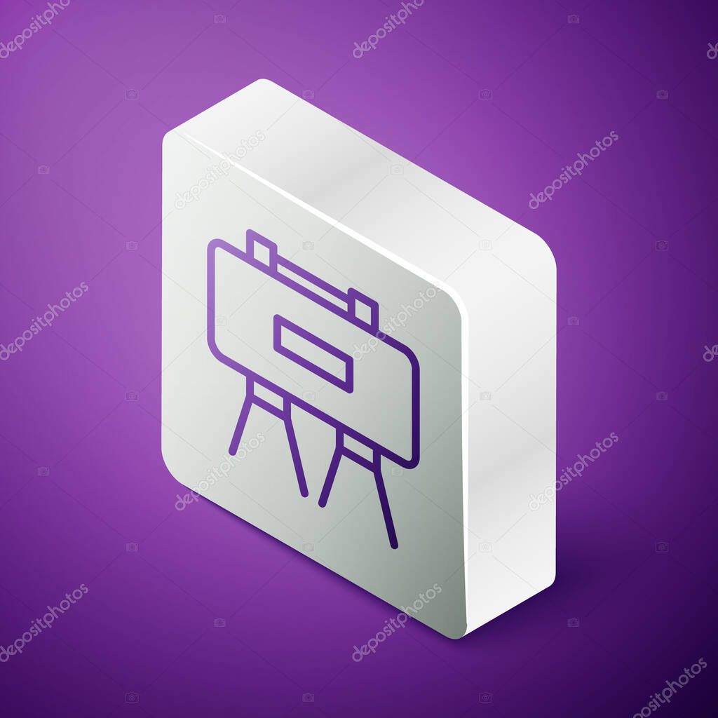 Isometric line Military mine icon isolated on purple background. Claymore mine explosive device. Anti personnel mine. Army explosive. Silver square button. Vector.