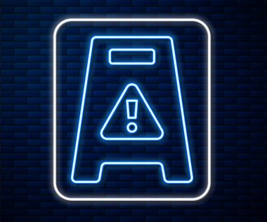 Parlak neon hattı ıslak zemin ve temizleme işlemi simgesi tuğla duvar arka planında izole edildi. Temizlik hizmeti konsepti. Vektör.