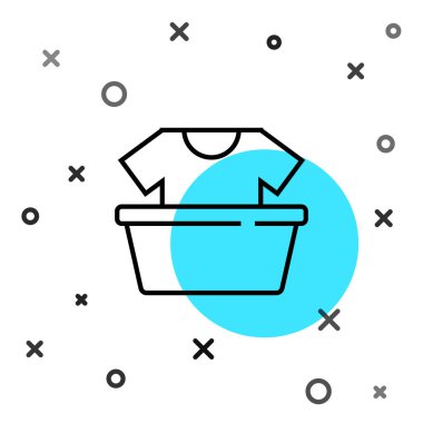 Siyah çizgili plastik leğen, beyaz arka planda izole edilmiş gömlek ikonu. Sulu kase. Çamaşır yıkama, temizlik malzemeleri. Rastgele dinamik şekiller. Vektör.