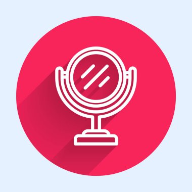 Beyaz çizgi yuvarlak makyaj aynası ikonu uzun gölgeli izole edilmiş. Kırmızı daire düğmesi. Vektör.