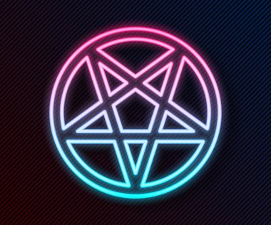 Siyah arkaplanda izole edilmiş bir daire simgesinde parlayan neon çizgisi Pentagram. Sihirli okült yıldız sembolü. Vektör.