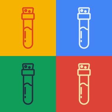 Renk arkaplanında iksir ikonu olan pop sanat çizgisi. Sihirli iksirli matara. Mutlu Cadılar Bayramı Partisi. Vektör.