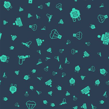 Kutuyu paraşütle, kurşun geçirmez yelek, tabanca ya da silahla uçur ve kusursuz şablona karşı savaşı durdur. Vektör.