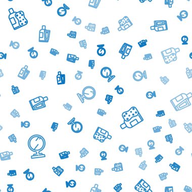 Yuvarlak makyaj aynası, bir şişe şampuan, sünger ve krem kozmetik tüpü kusursuz desene ayarlayın. Vektör.